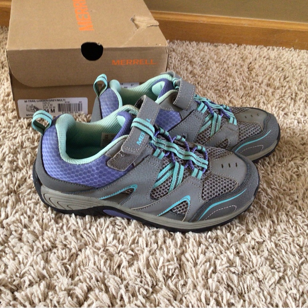 Merrell Big Girls  Gray, Teal and Periwinkle Purple Hiking Shoes Size 4